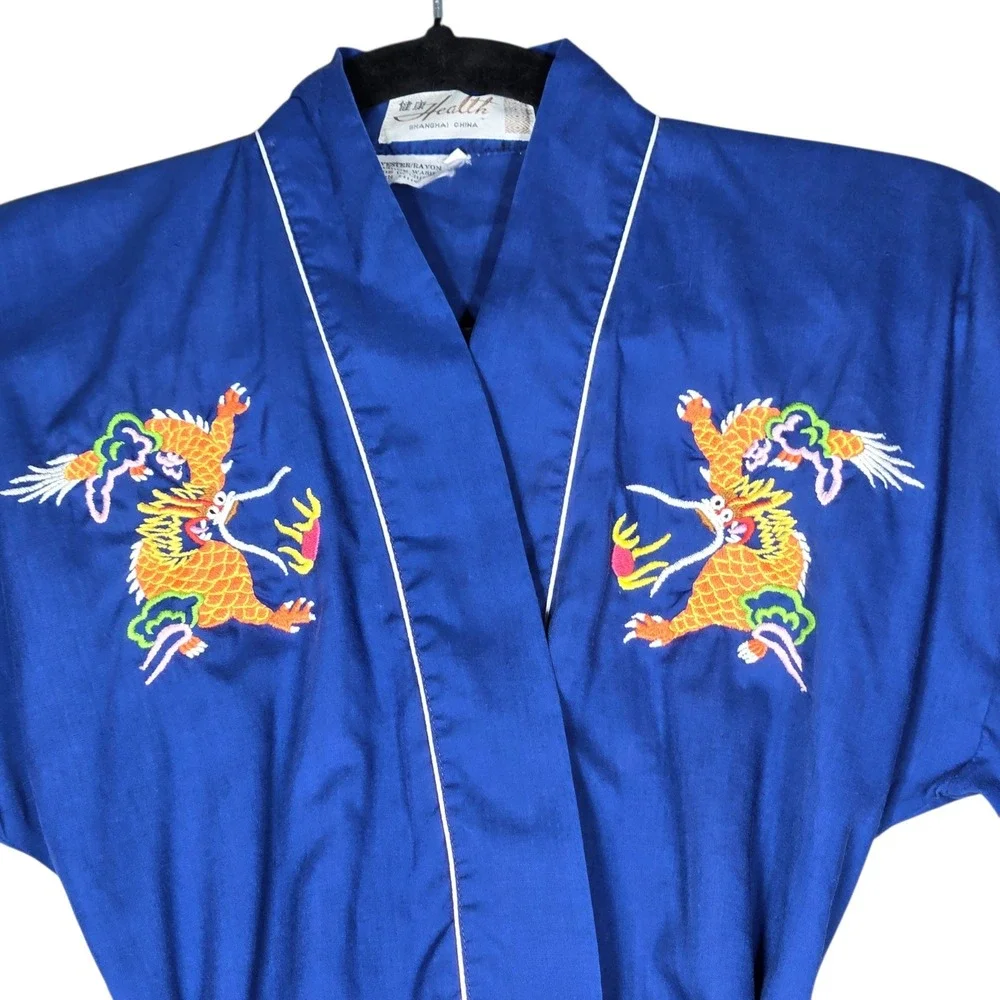 Vintage Health Shanghai China Embroidered Dragon Kimono Robe Blue Youth Size 8